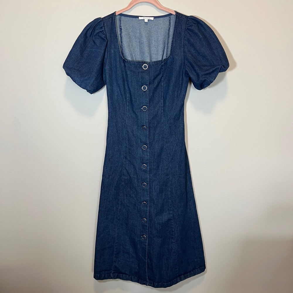 Zoe and Claire Denim Midi Dress Short Puff Sleeve Button Front Blue Small